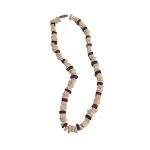 Choker Necklace Wood Bead Men Women 17" Handmade Fashion White Maroon Beach Core